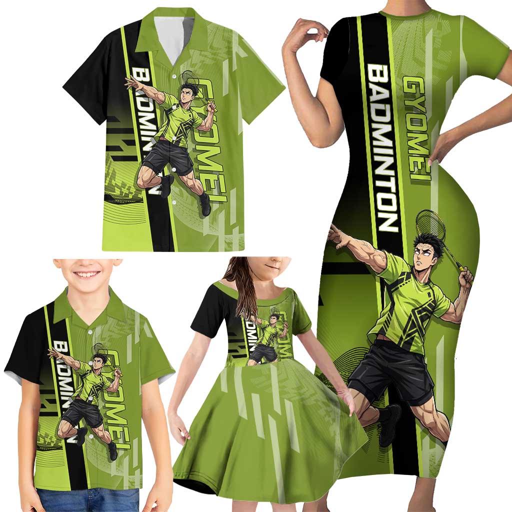 Personalized Gyomei Himejima Demon Slayer Badminton Family Matching Short Sleeve Bodycon Dress and Hawaiian Shirt with Racket Action Pose and Green Black Graphic Design