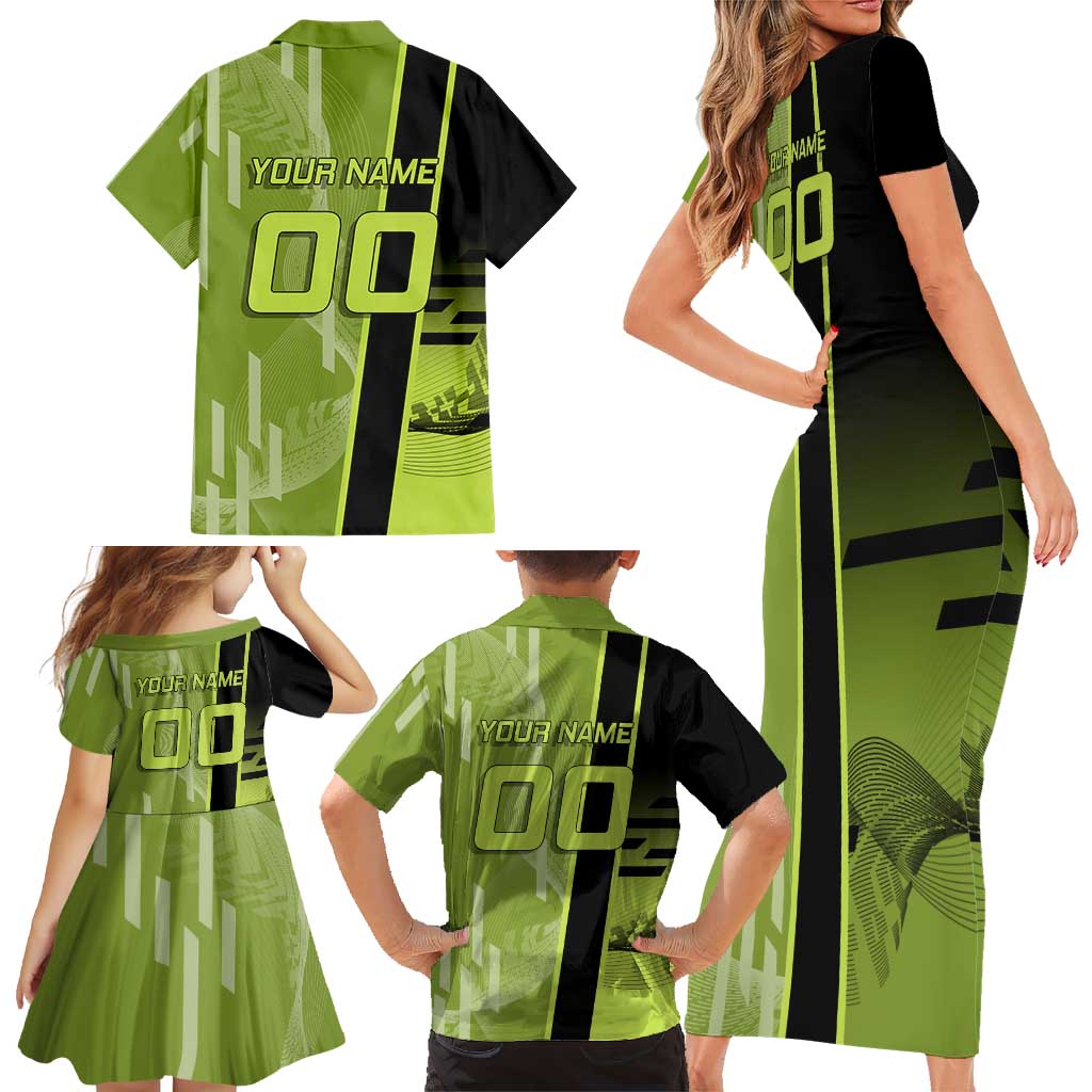 Personalized Gyomei Himejima Demon Slayer Badminton Family Matching Short Sleeve Bodycon Dress and Hawaiian Shirt with Racket Action Pose and Green Black Graphic Design