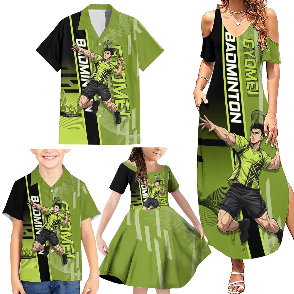 Personalized Gyomei Himejima Demon Slayer Badminton Family Matching Summer Maxi Dress and Hawaiian Shirt with Racket Action Pose and Green Black Graphic Design
