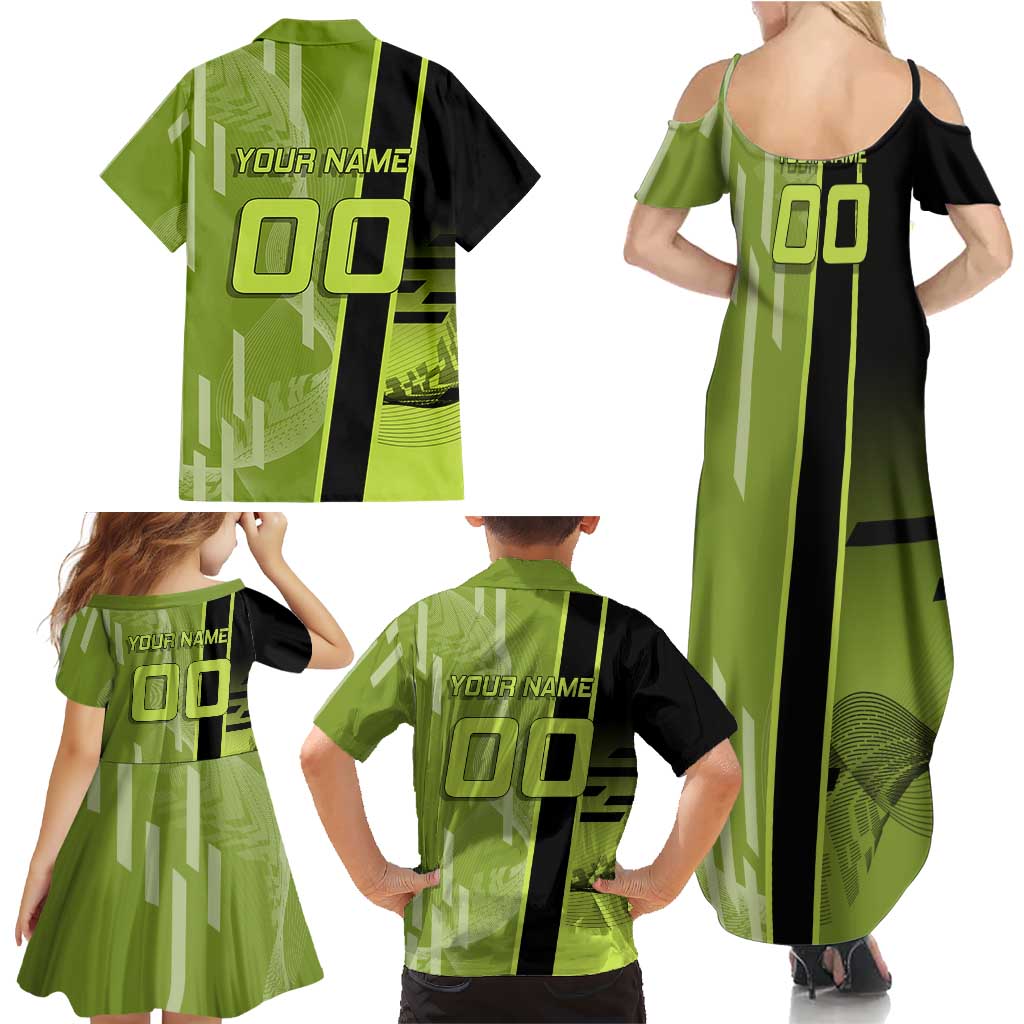 Personalized Gyomei Himejima Demon Slayer Badminton Family Matching Summer Maxi Dress and Hawaiian Shirt with Racket Action Pose and Green Black Graphic Design
