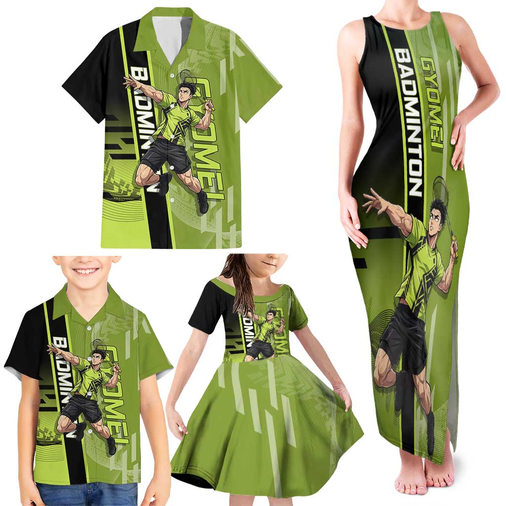 Personalized Gyomei Himejima Demon Slayer Badminton Family Matching Tank Maxi Dress and Hawaiian Shirt with Racket Action Pose and Green Black Graphic Design