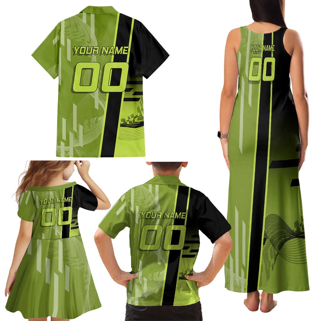 Personalized Gyomei Himejima Demon Slayer Badminton Family Matching Tank Maxi Dress and Hawaiian Shirt with Racket Action Pose and Green Black Graphic Design