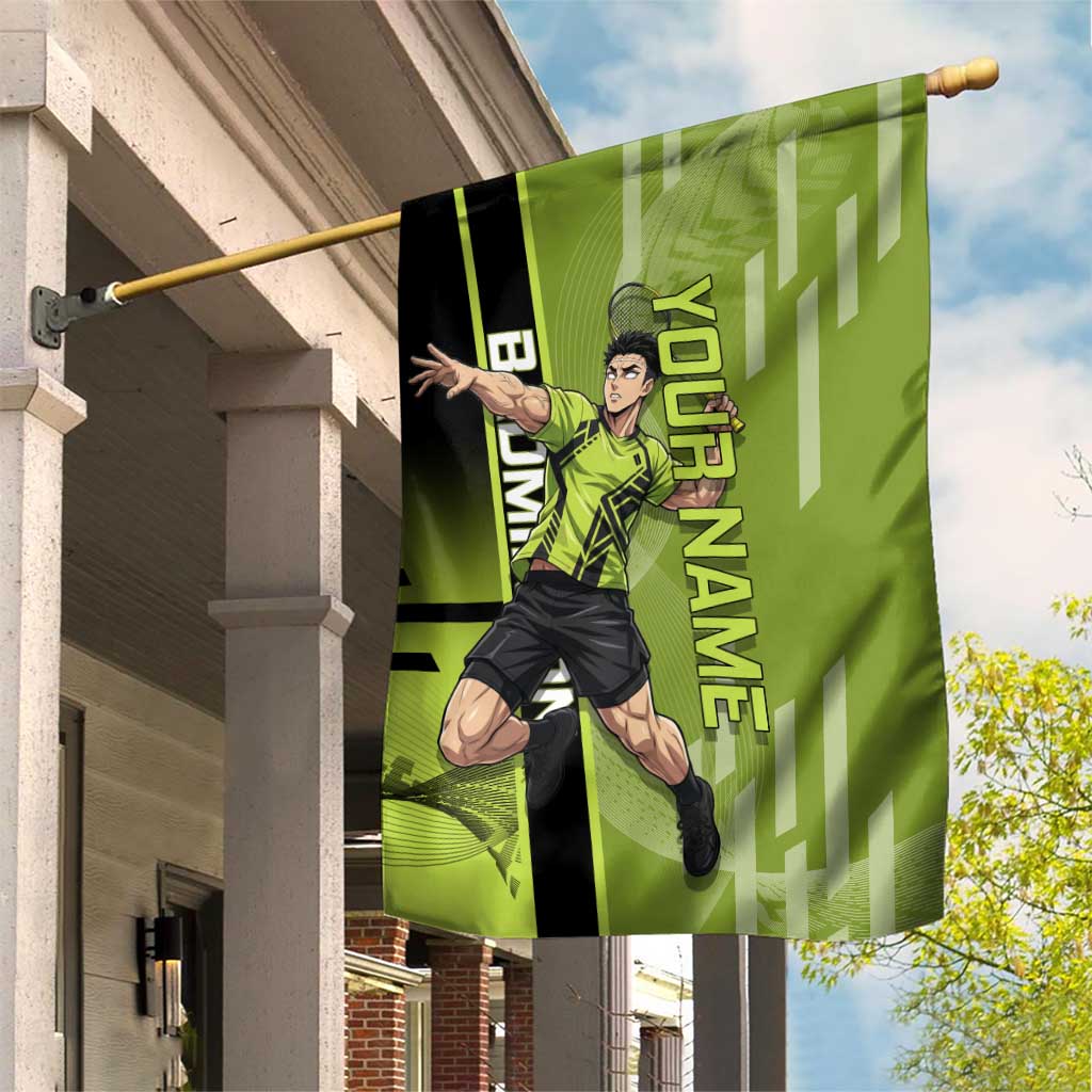 Personalized Gyomei Himejima Demon Slayer Badminton Garden Flag with Racket Action Pose and Green Black Graphic Design - The Mazicc
