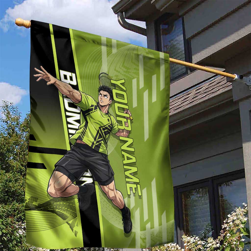 Personalized Gyomei Himejima Demon Slayer Badminton Garden Flag with Racket Action Pose and Green Black Graphic Design - The Mazicc