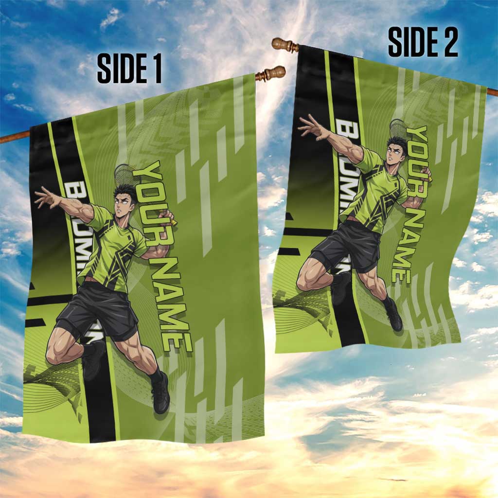 Personalized Gyomei Himejima Demon Slayer Badminton Garden Flag with Racket Action Pose and Green Black Graphic Design - The Mazicc