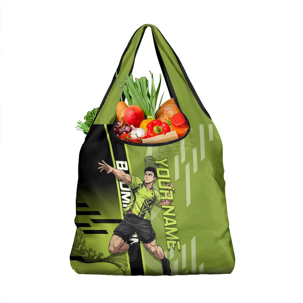 Personalized Gyomei Himejima Demon Slayer Badminton Grocery Bag with Racket Action Pose and Green Black Graphic Design - The Mazicc