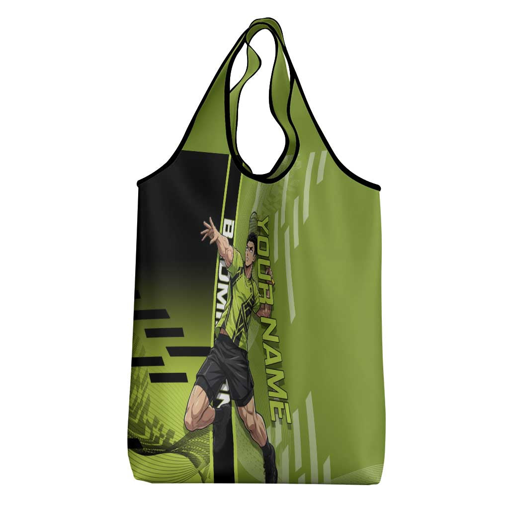 Personalized Gyomei Himejima Demon Slayer Badminton Grocery Bag with Racket Action Pose and Green Black Graphic Design - The Mazicc