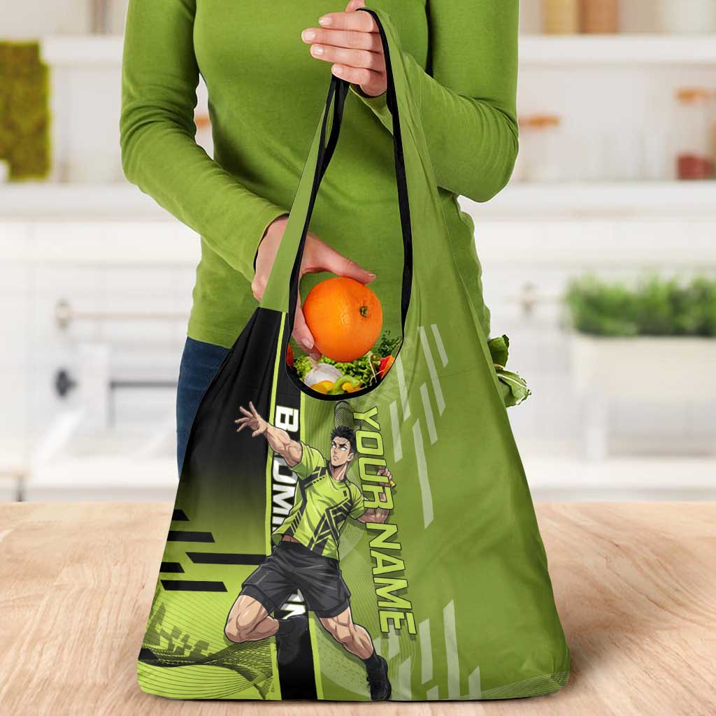Personalized Gyomei Himejima Demon Slayer Badminton Grocery Bag with Racket Action Pose and Green Black Graphic Design - The Mazicc