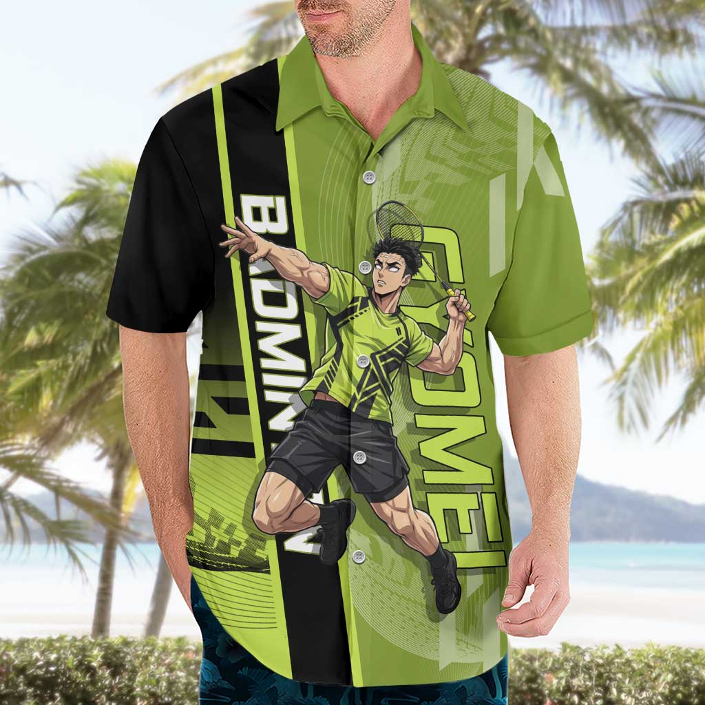 Personalized Gyomei Himejima Demon Slayer Badminton Hawaiian Shirt with Racket Action Pose and Green Black Graphic Design - The Mazicc