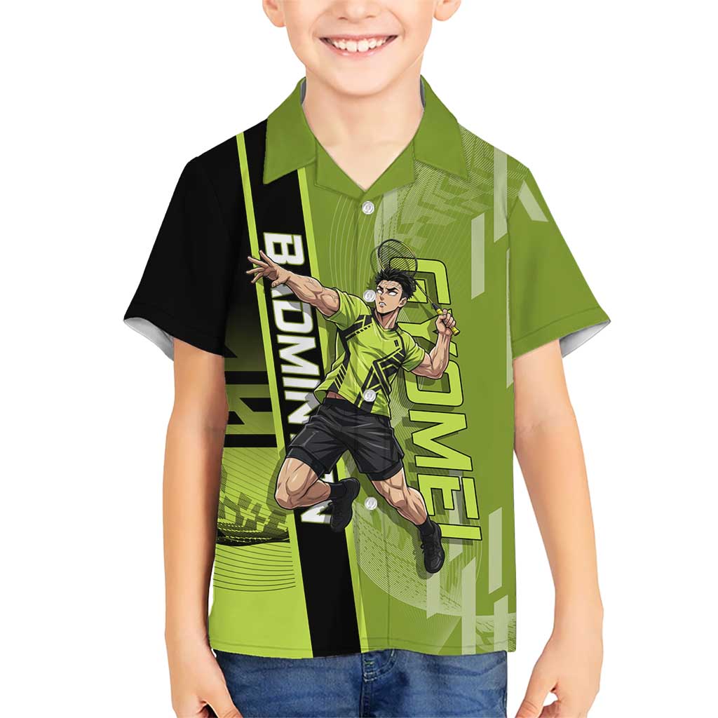 Personalized Gyomei Himejima Demon Slayer Badminton Hawaiian Shirt with Racket Action Pose and Green Black Graphic Design - The Mazicc