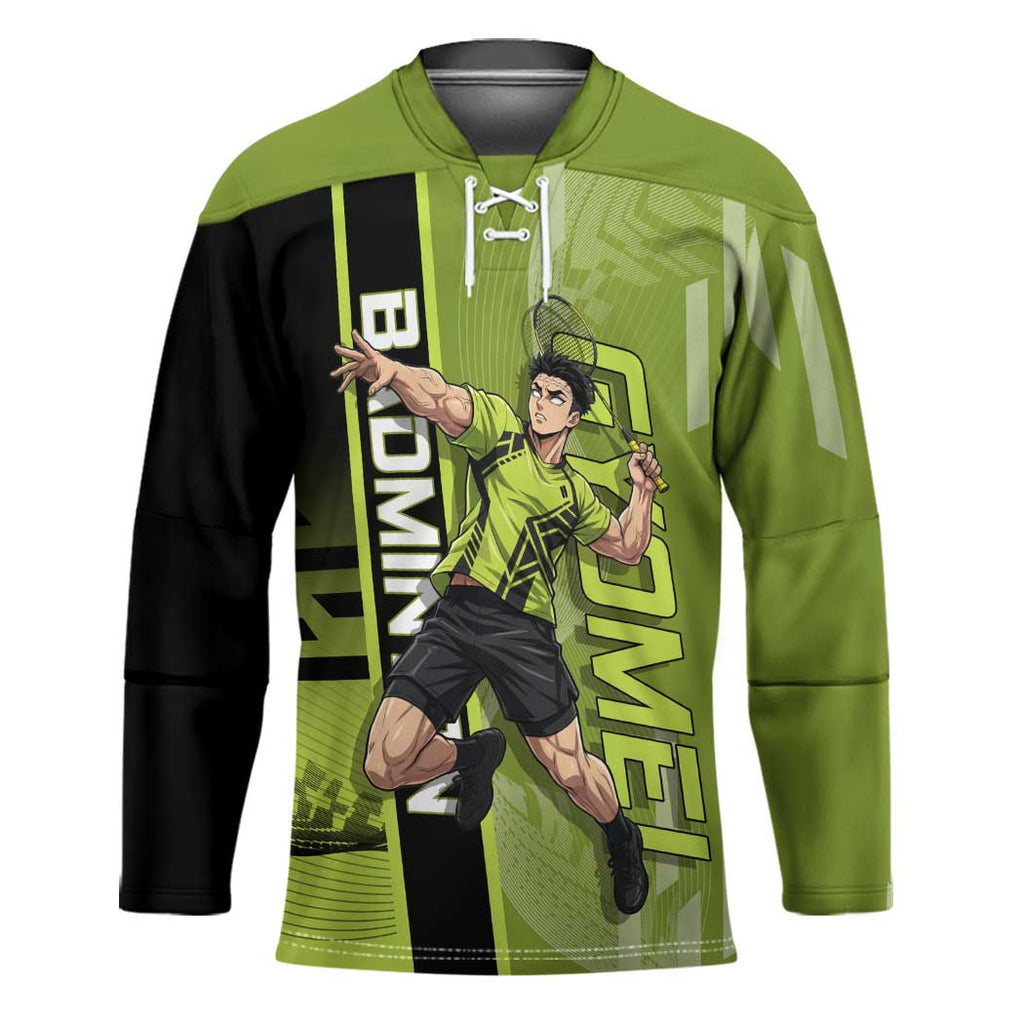 Personalized Gyomei Himejima Demon Slayer Badminton Hockey Jersey with Racket Action Pose and Green Black Graphic Design - The Mazicc