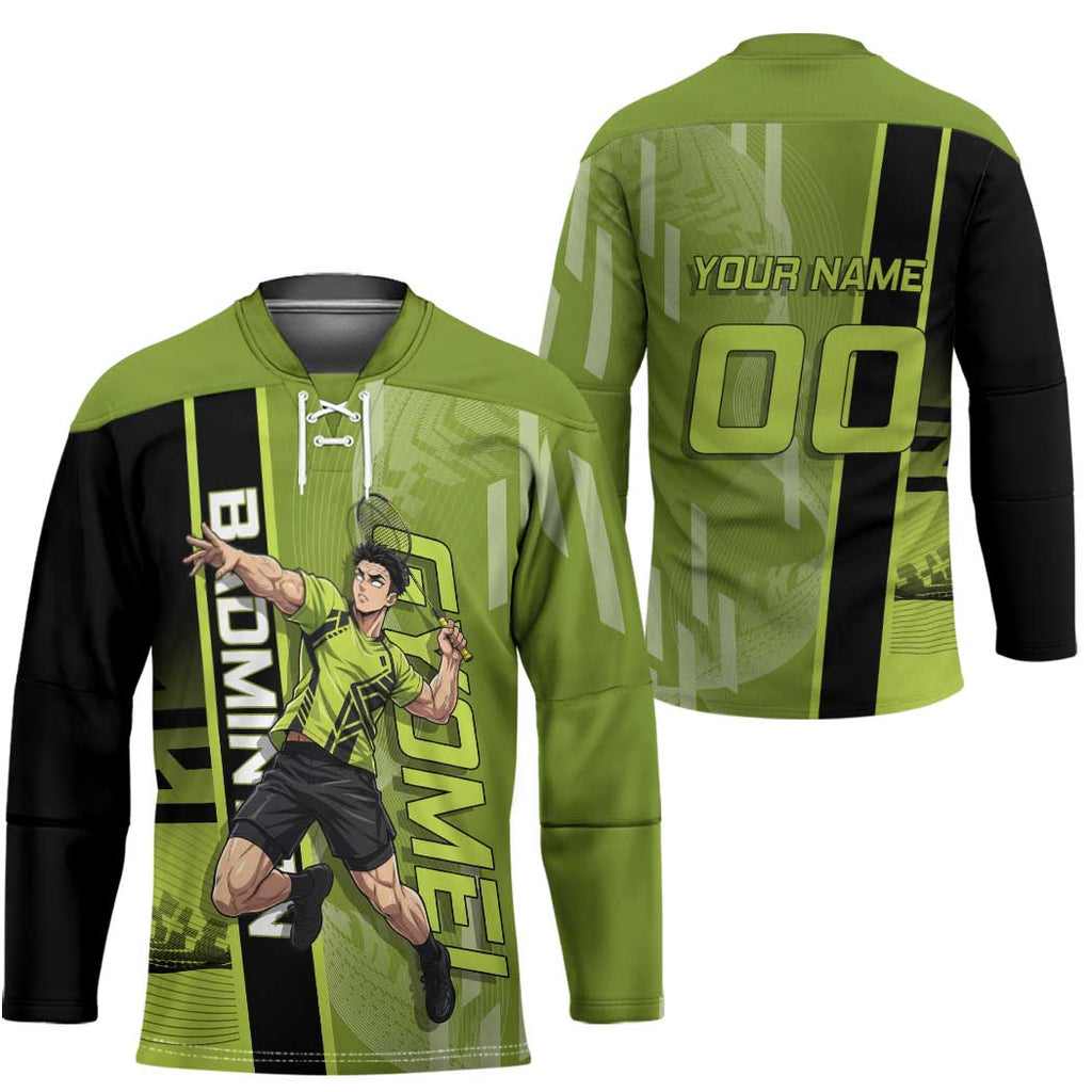 Personalized Gyomei Himejima Demon Slayer Badminton Hockey Jersey with Racket Action Pose and Green Black Graphic Design - The Mazicc