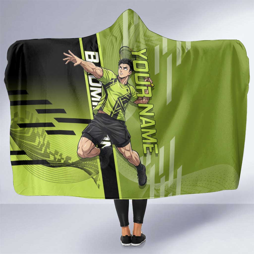 Personalized Gyomei Himejima Demon Slayer Badminton Hooded Blanket with Racket Action Pose and Green Black Graphic Design - The Mazicc