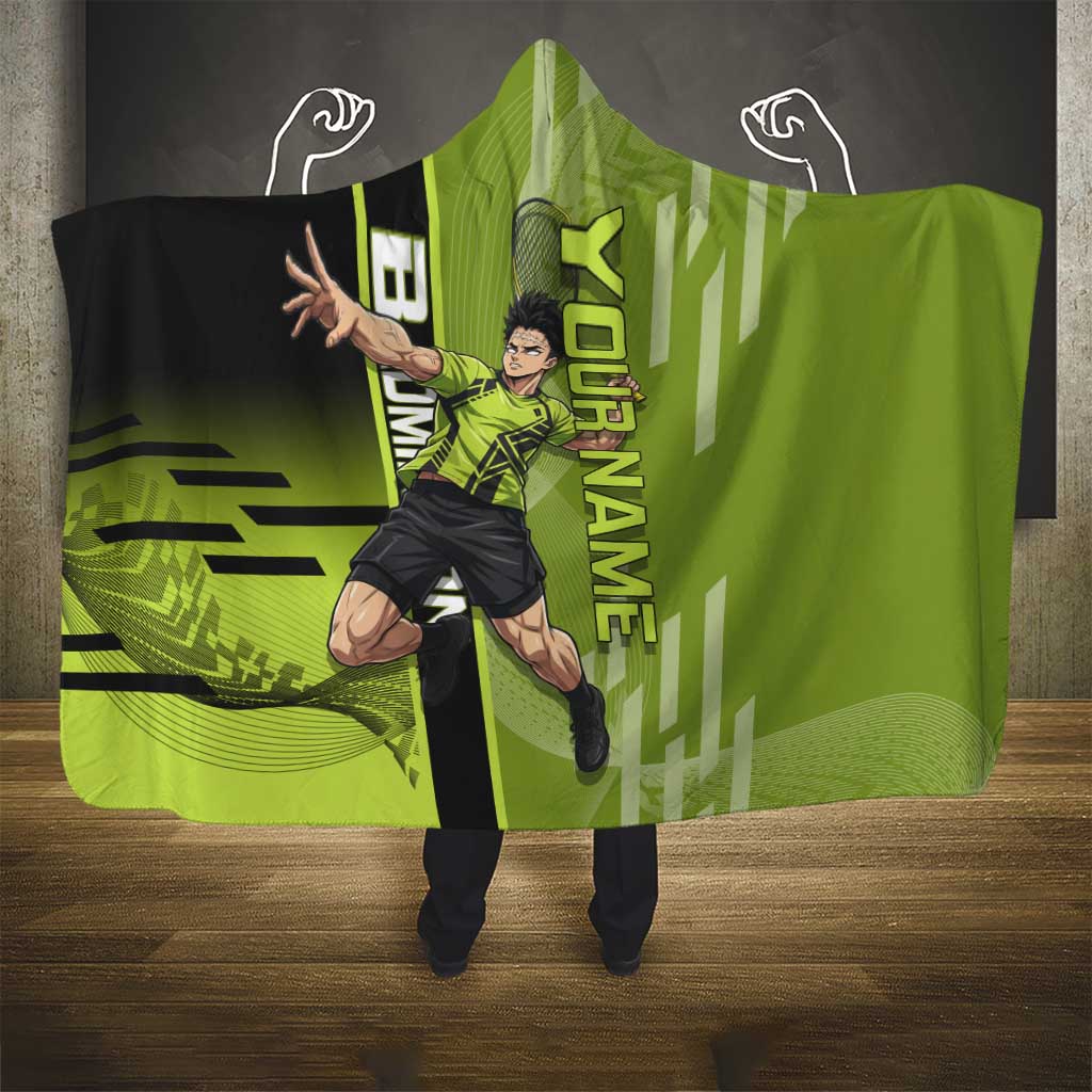 Personalized Gyomei Himejima Demon Slayer Badminton Hooded Blanket with Racket Action Pose and Green Black Graphic Design - The Mazicc