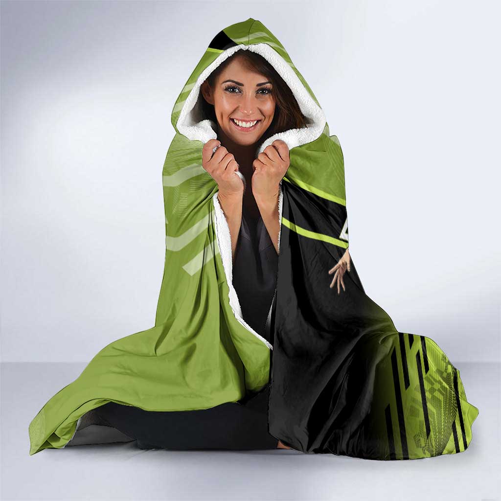 Personalized Gyomei Himejima Demon Slayer Badminton Hooded Blanket with Racket Action Pose and Green Black Graphic Design - The Mazicc