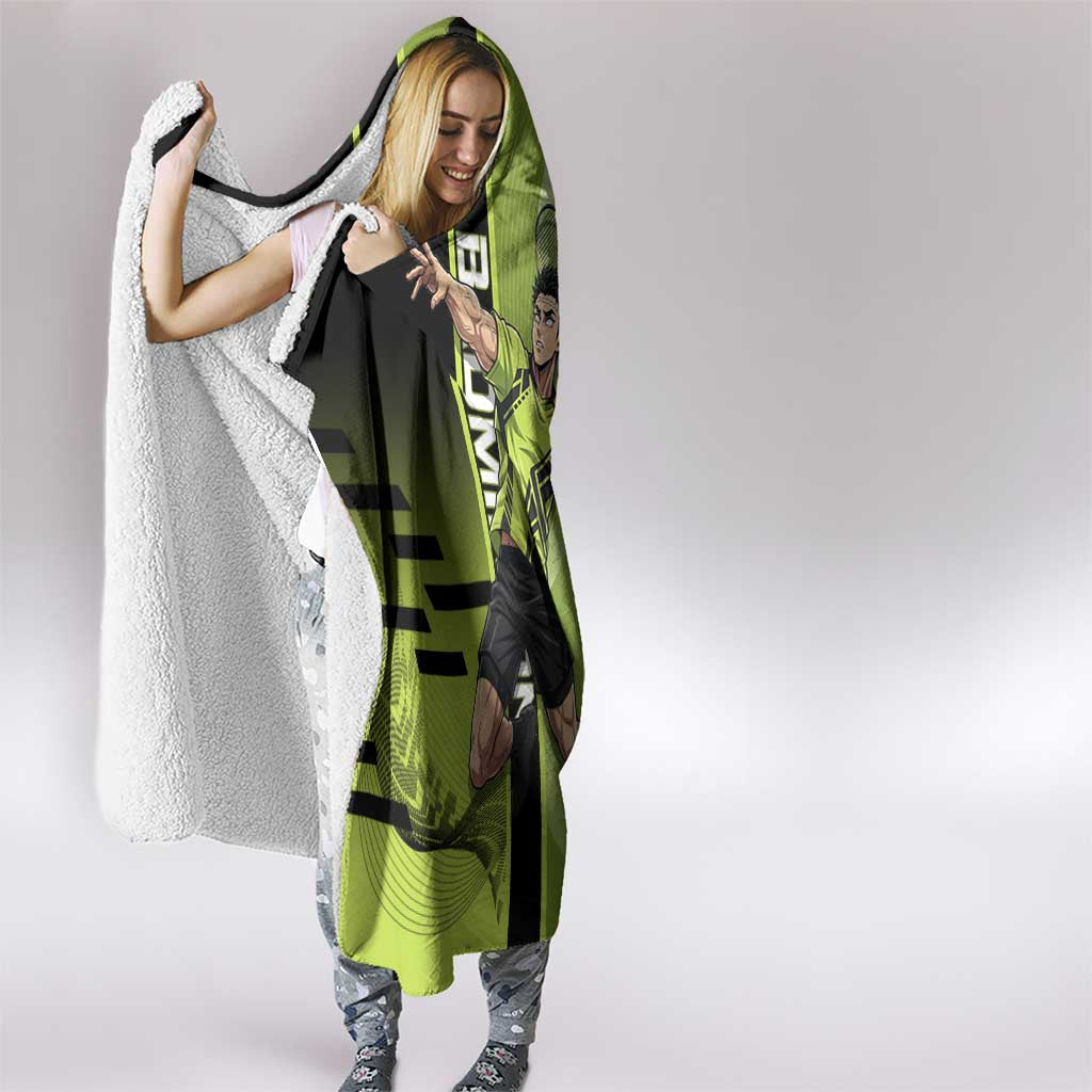 Personalized Gyomei Himejima Demon Slayer Badminton Hooded Blanket with Racket Action Pose and Green Black Graphic Design - The Mazicc