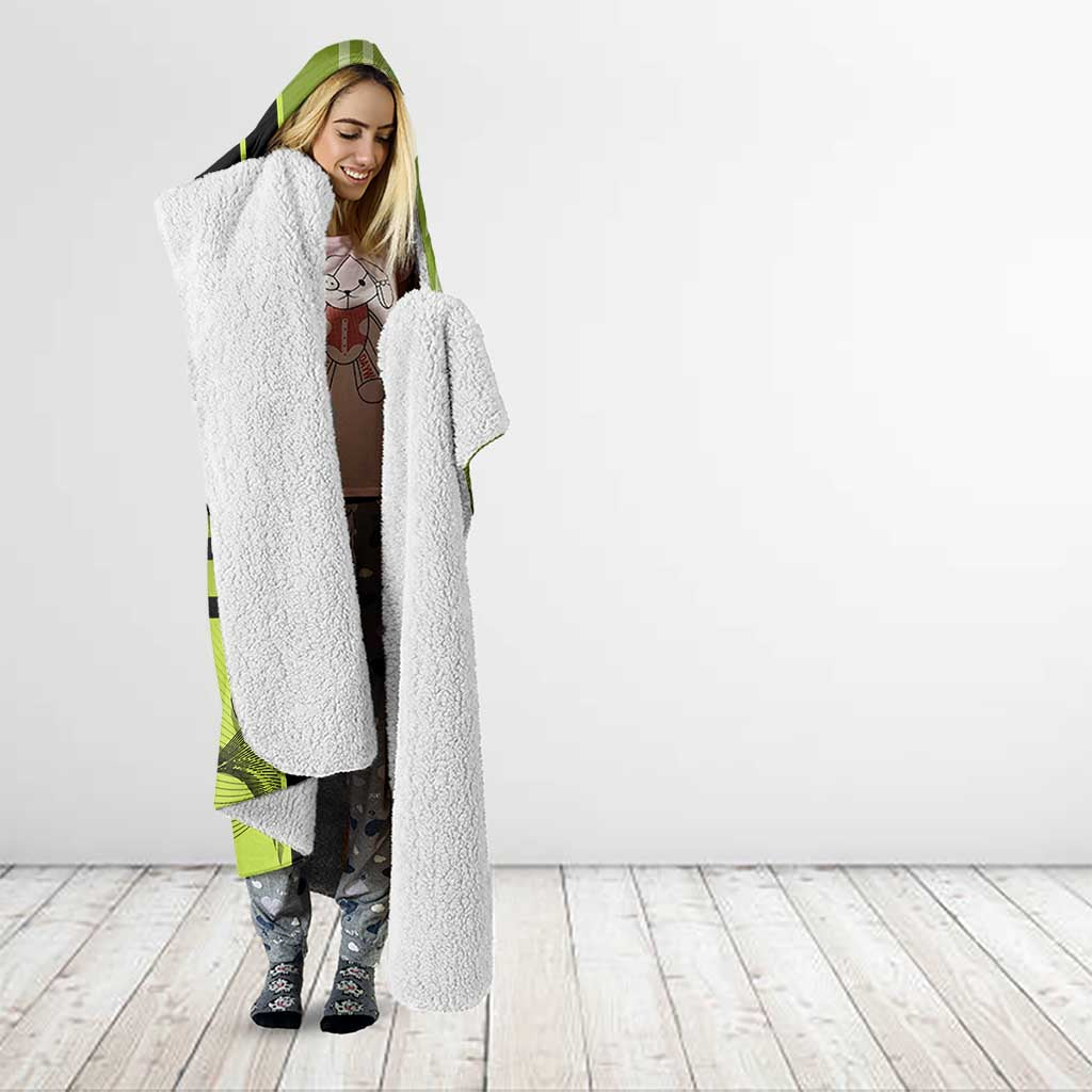 Personalized Gyomei Himejima Demon Slayer Badminton Hooded Blanket with Racket Action Pose and Green Black Graphic Design - The Mazicc