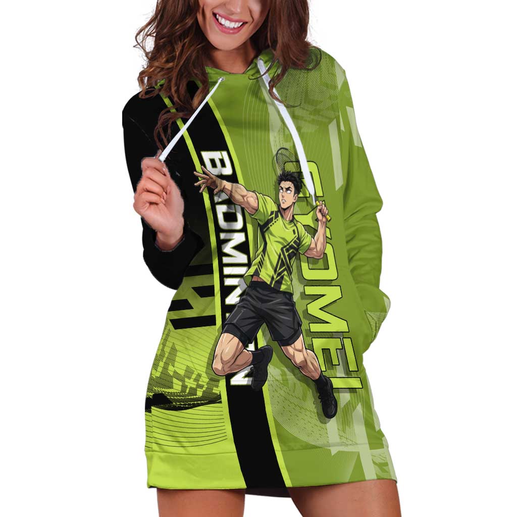 Personalized Gyomei Himejima Demon Slayer Badminton Hoodie Dress with Racket Action Pose and Green Black Graphic Design - The Mazicc
