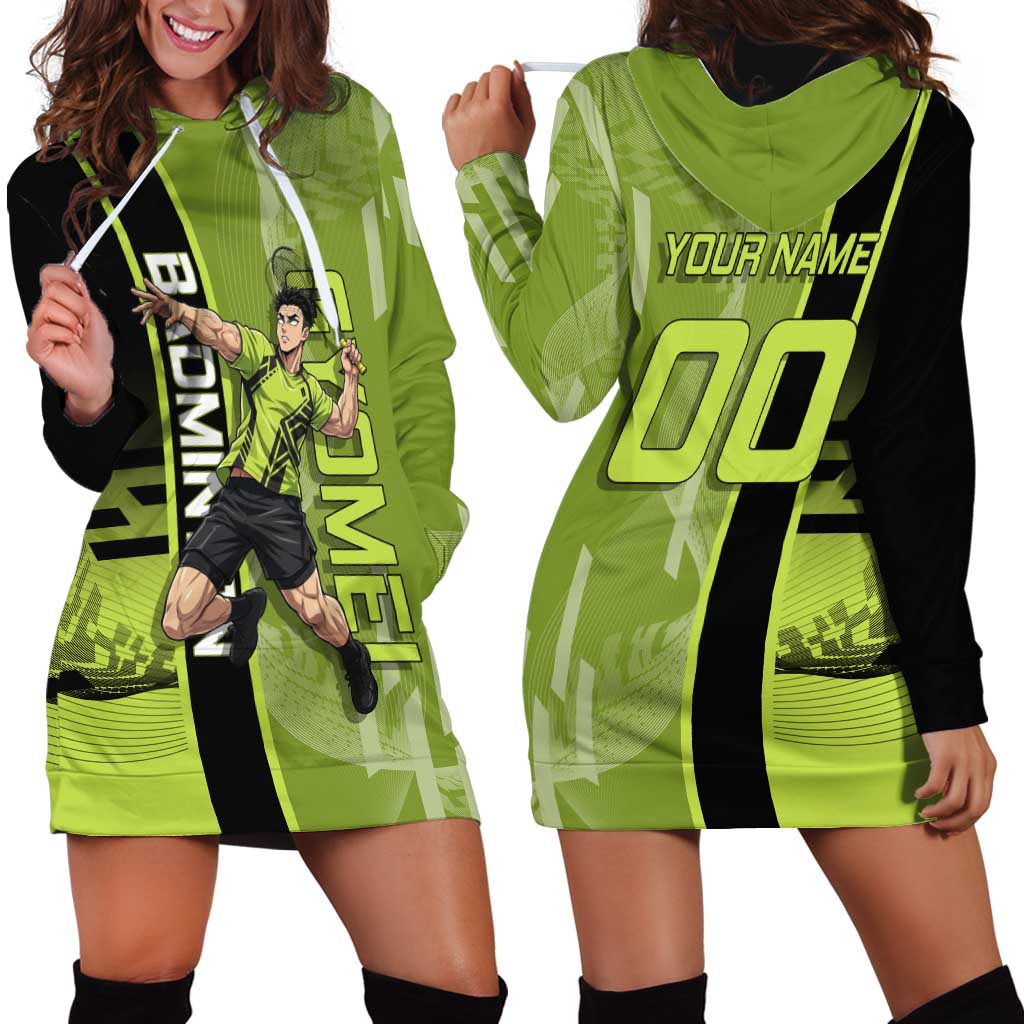 Personalized Gyomei Himejima Demon Slayer Badminton Hoodie Dress with Racket Action Pose and Green Black Graphic Design - The Mazicc