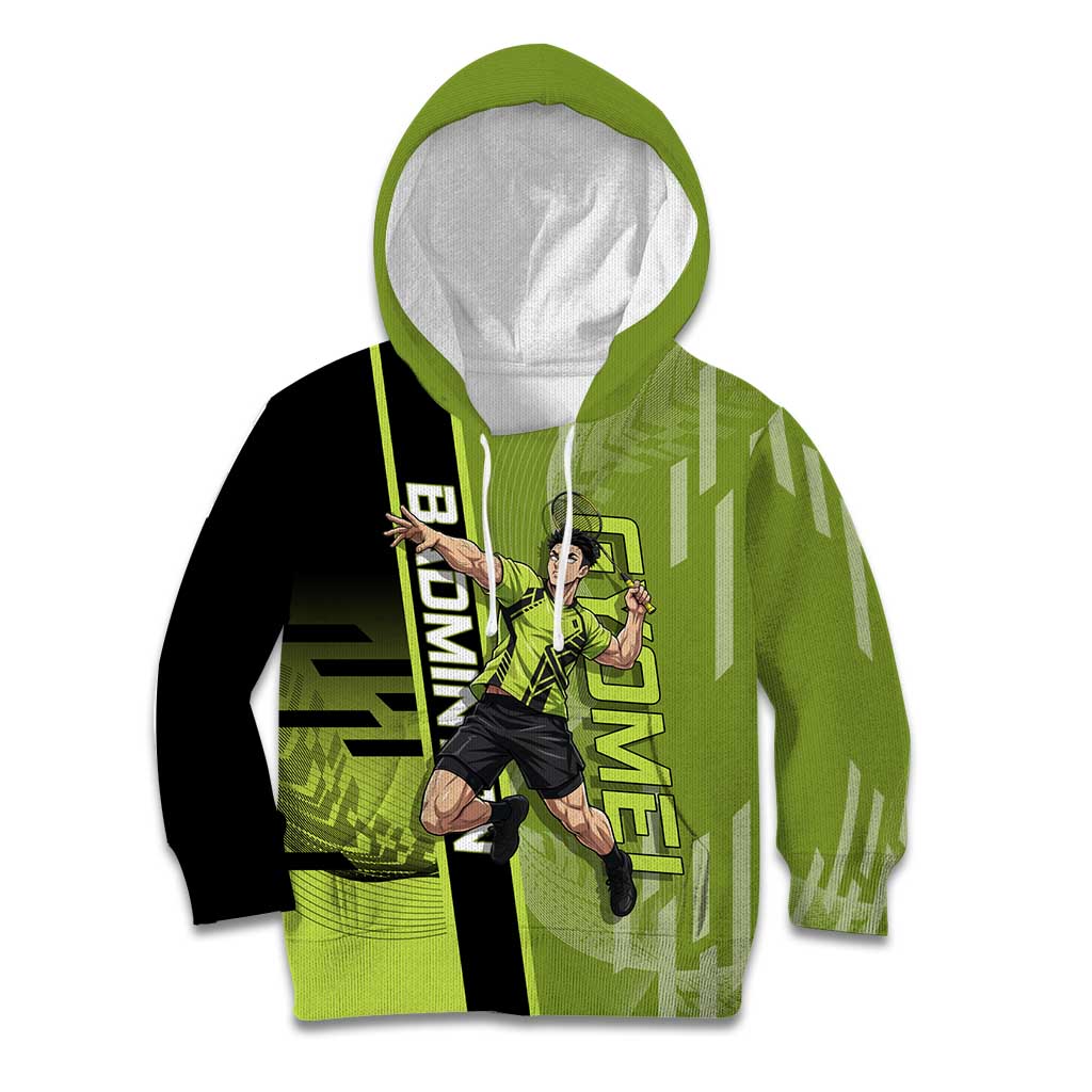 Personalized Gyomei Himejima Demon Slayer Badminton Kid Hoodie with Racket Action Pose and Green Black Graphic Design - The Mazicc