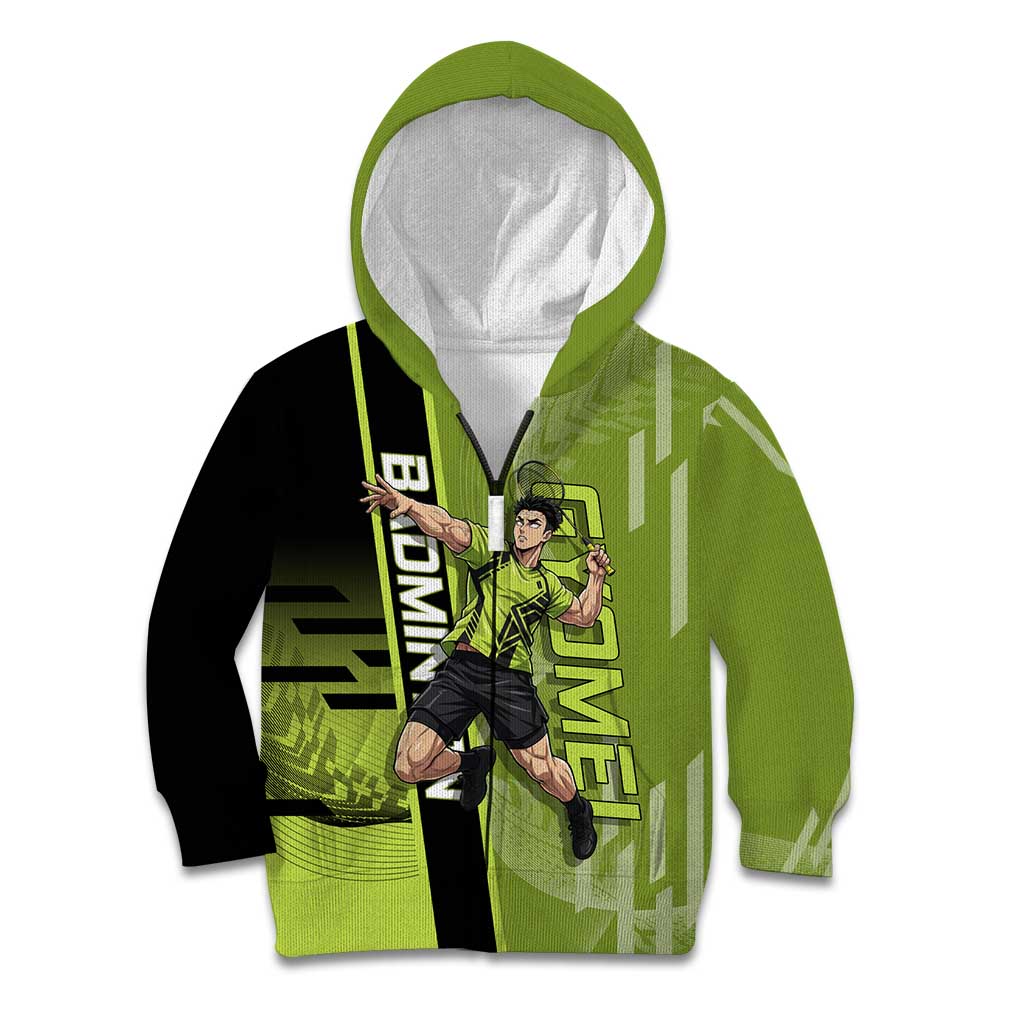 Personalized Gyomei Himejima Demon Slayer Badminton Kid Hoodie with Racket Action Pose and Green Black Graphic Design - The Mazicc