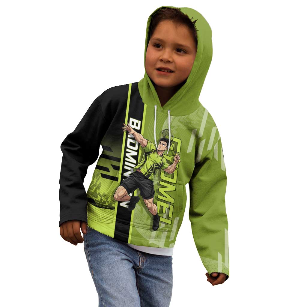 Personalized Gyomei Himejima Demon Slayer Badminton Kid Hoodie with Racket Action Pose and Green Black Graphic Design - The Mazicc