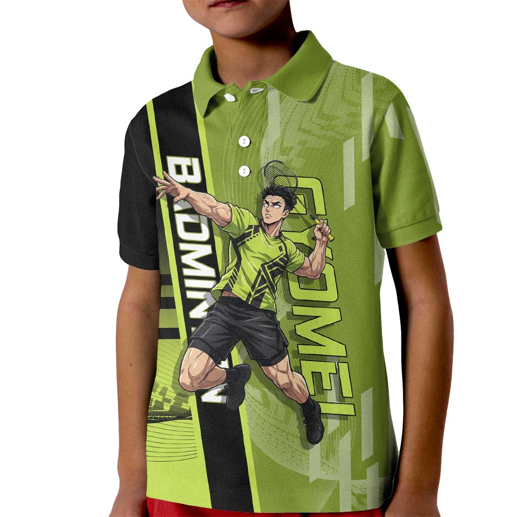 Personalized Gyomei Himejima Demon Slayer Badminton Kid Polo Shirt with Racket Action Pose and Green Black Graphic Design - The Mazicc
