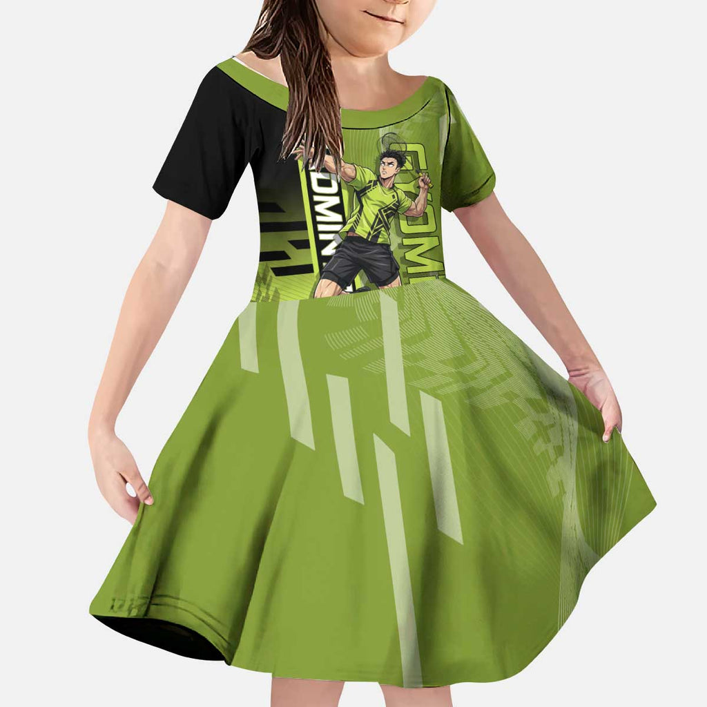 Personalized Gyomei Himejima Demon Slayer Badminton Kid Short Sleeve Dress with Racket Action Pose and Green Black Graphic Design - The Mazicc