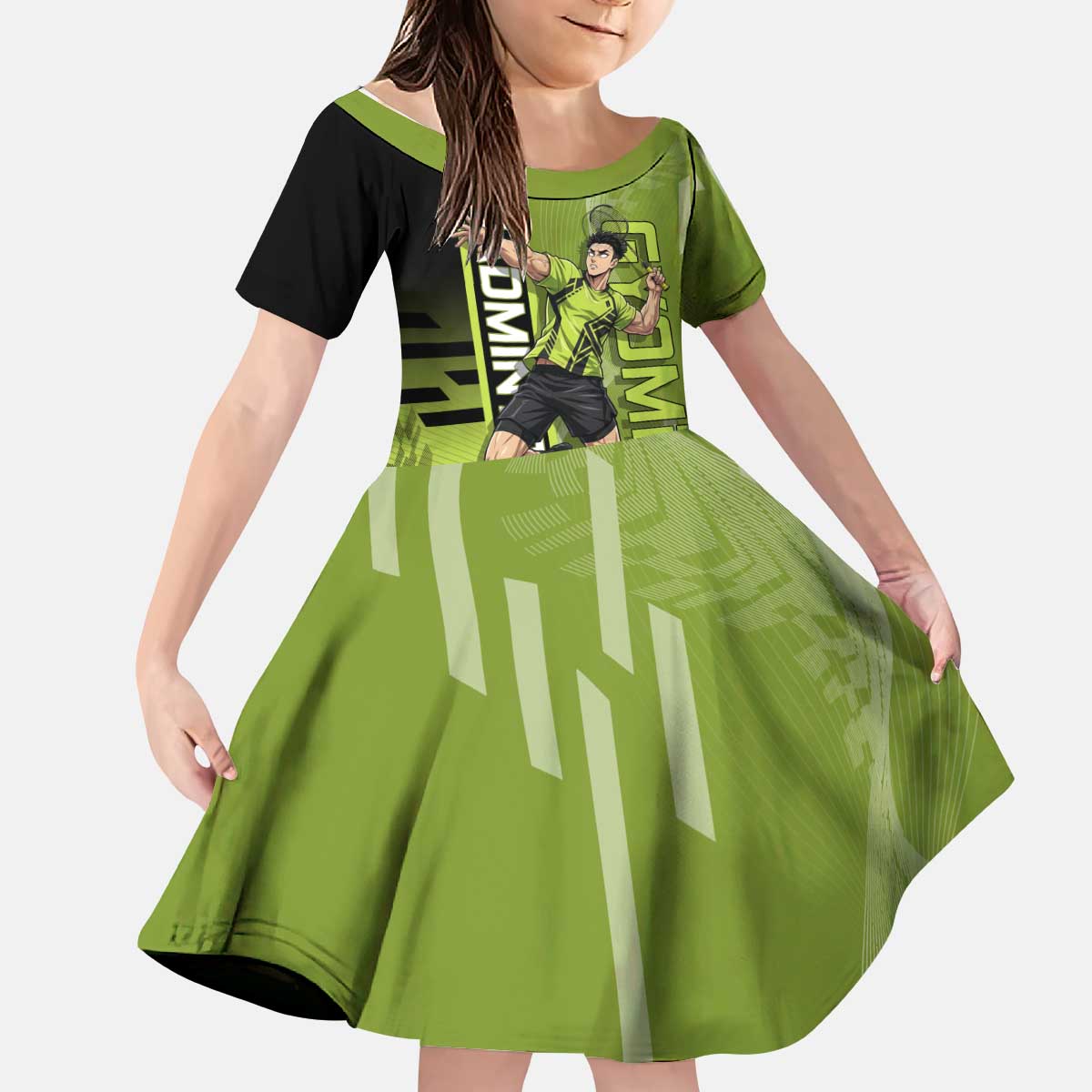 Personalized Gyomei Himejima Demon Slayer Badminton Kid Short Sleeve Dress with Racket Action Pose and Green Black Graphic Design - The Mazicc