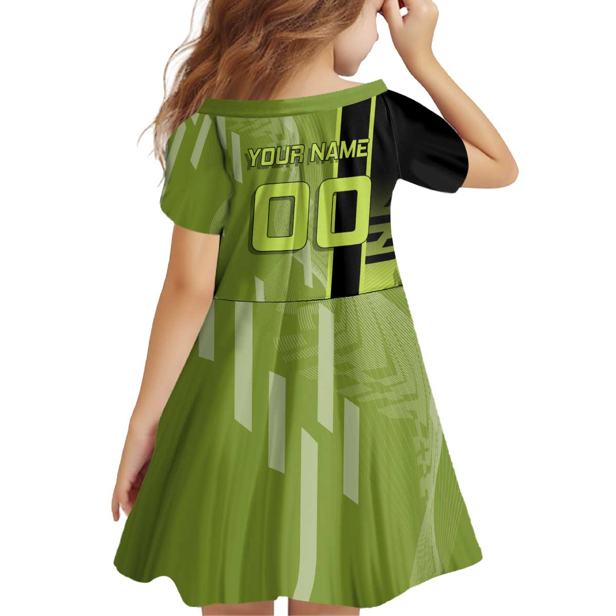 Personalized Gyomei Himejima Demon Slayer Badminton Kid Short Sleeve Dress with Racket Action Pose and Green Black Graphic Design - The Mazicc