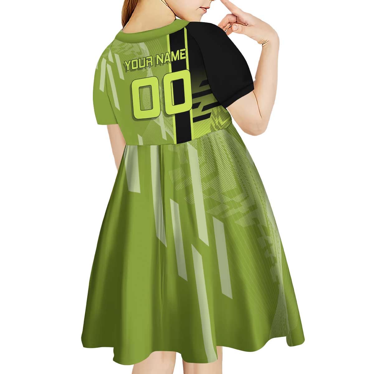 Personalized Gyomei Himejima Demon Slayer Badminton Kid Short Sleeve Dress with Racket Action Pose and Green Black Graphic Design - The Mazicc