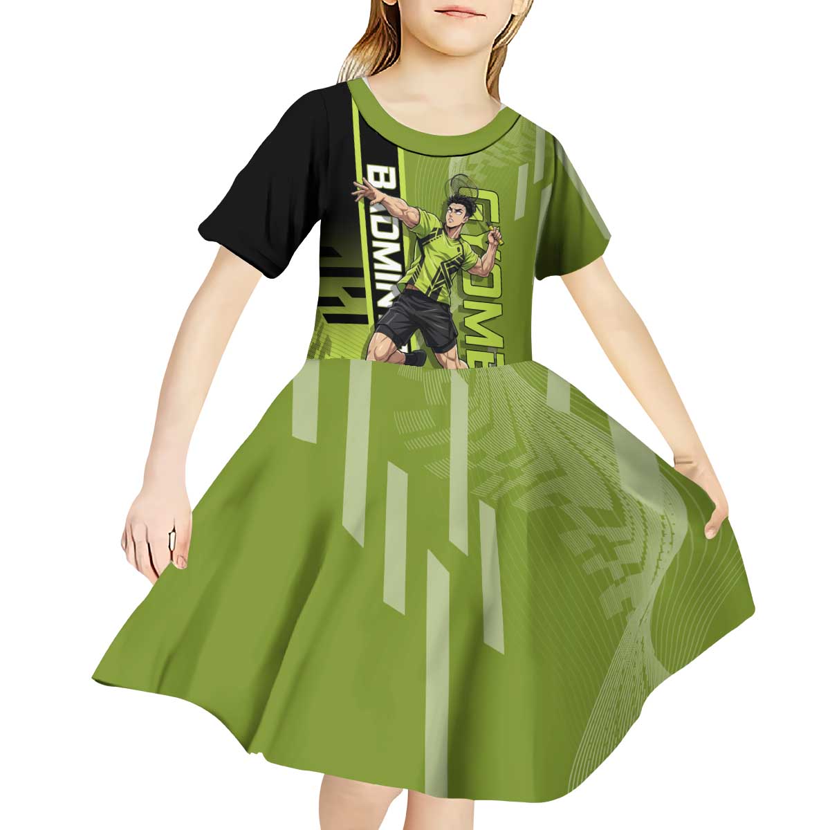 Personalized Gyomei Himejima Demon Slayer Badminton Kid Short Sleeve Dress with Racket Action Pose and Green Black Graphic Design - The Mazicc