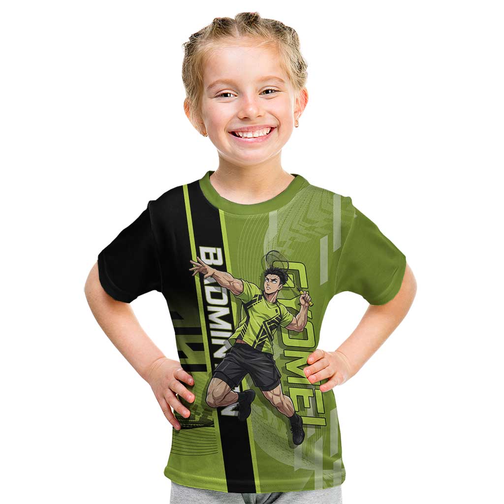 Personalized Gyomei Himejima Demon Slayer Badminton Kid T Shirt with Racket Action Pose and Green Black Graphic Design - The Mazicc