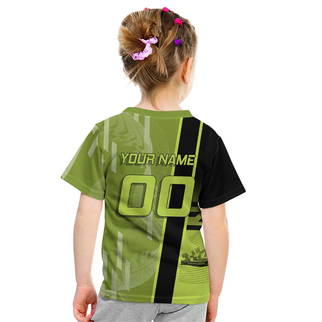 Personalized Gyomei Himejima Demon Slayer Badminton Kid T Shirt with Racket Action Pose and Green Black Graphic Design - The Mazicc