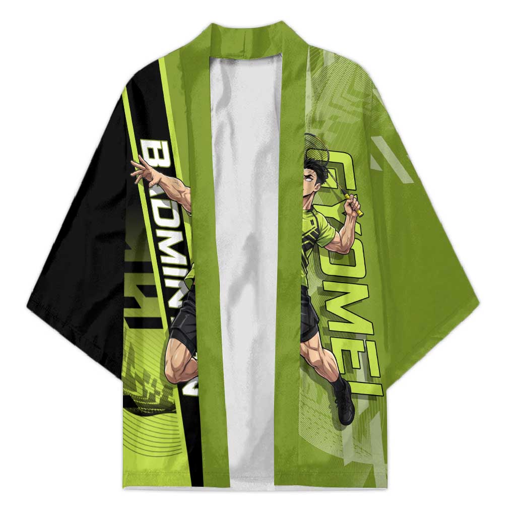 Personalized Gyomei Himejima Demon Slayer Badminton Kimono with Racket Action Pose and Green Black Graphic Design - The Mazicc