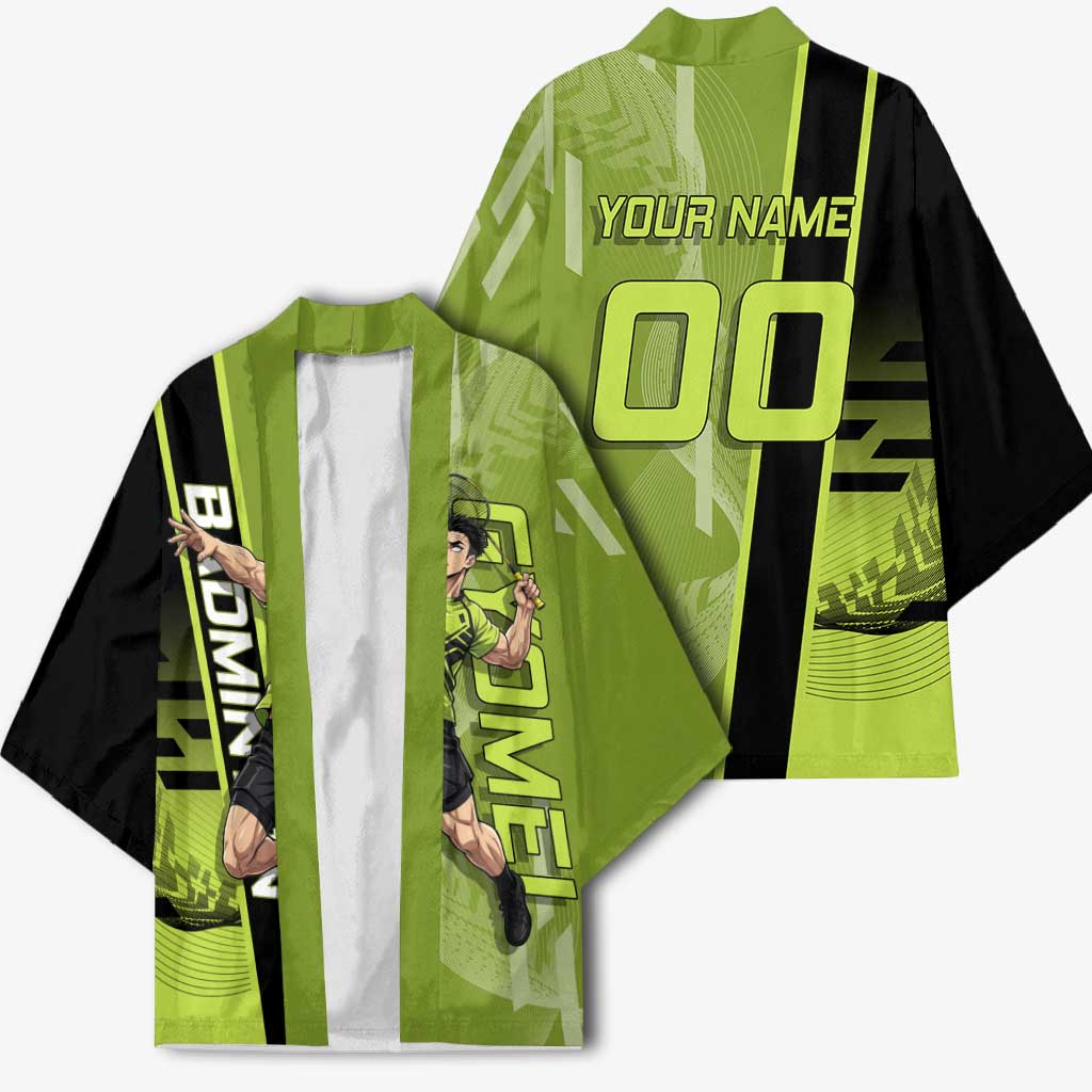 Personalized Gyomei Himejima Demon Slayer Badminton Kimono with Racket Action Pose and Green Black Graphic Design - The Mazicc