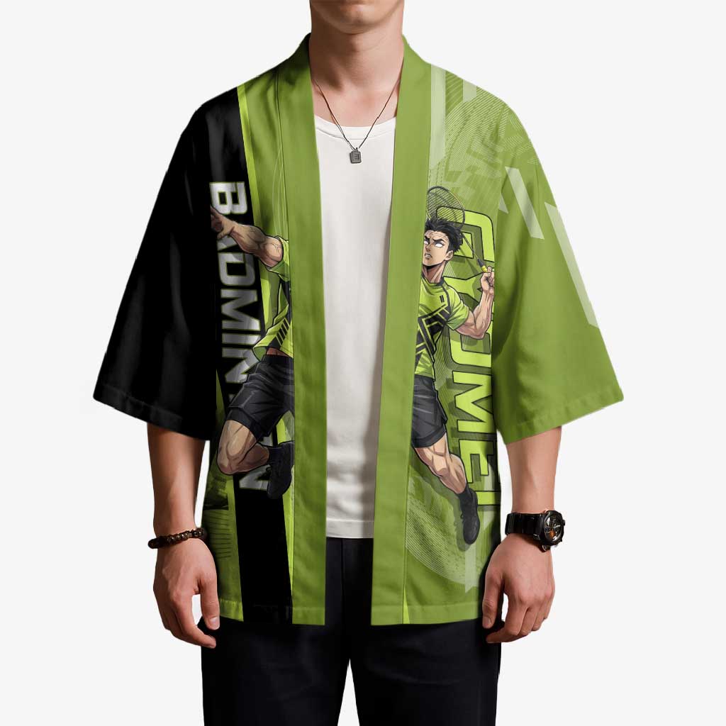 Personalized Gyomei Himejima Demon Slayer Badminton Kimono with Racket Action Pose and Green Black Graphic Design - The Mazicc