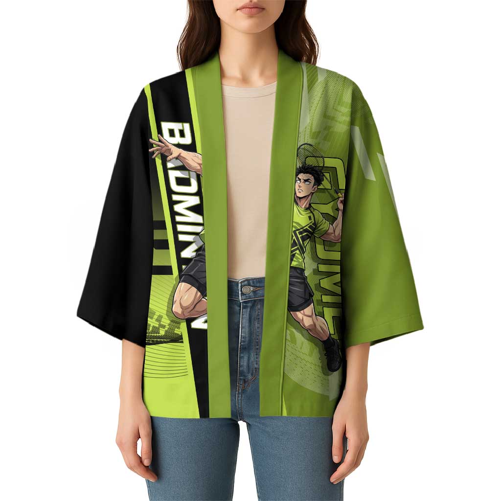 Personalized Gyomei Himejima Demon Slayer Badminton Kimono with Racket Action Pose and Green Black Graphic Design - The Mazicc