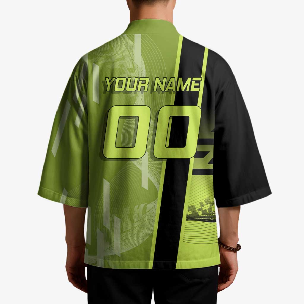 Personalized Gyomei Himejima Demon Slayer Badminton Kimono with Racket Action Pose and Green Black Graphic Design - The Mazicc