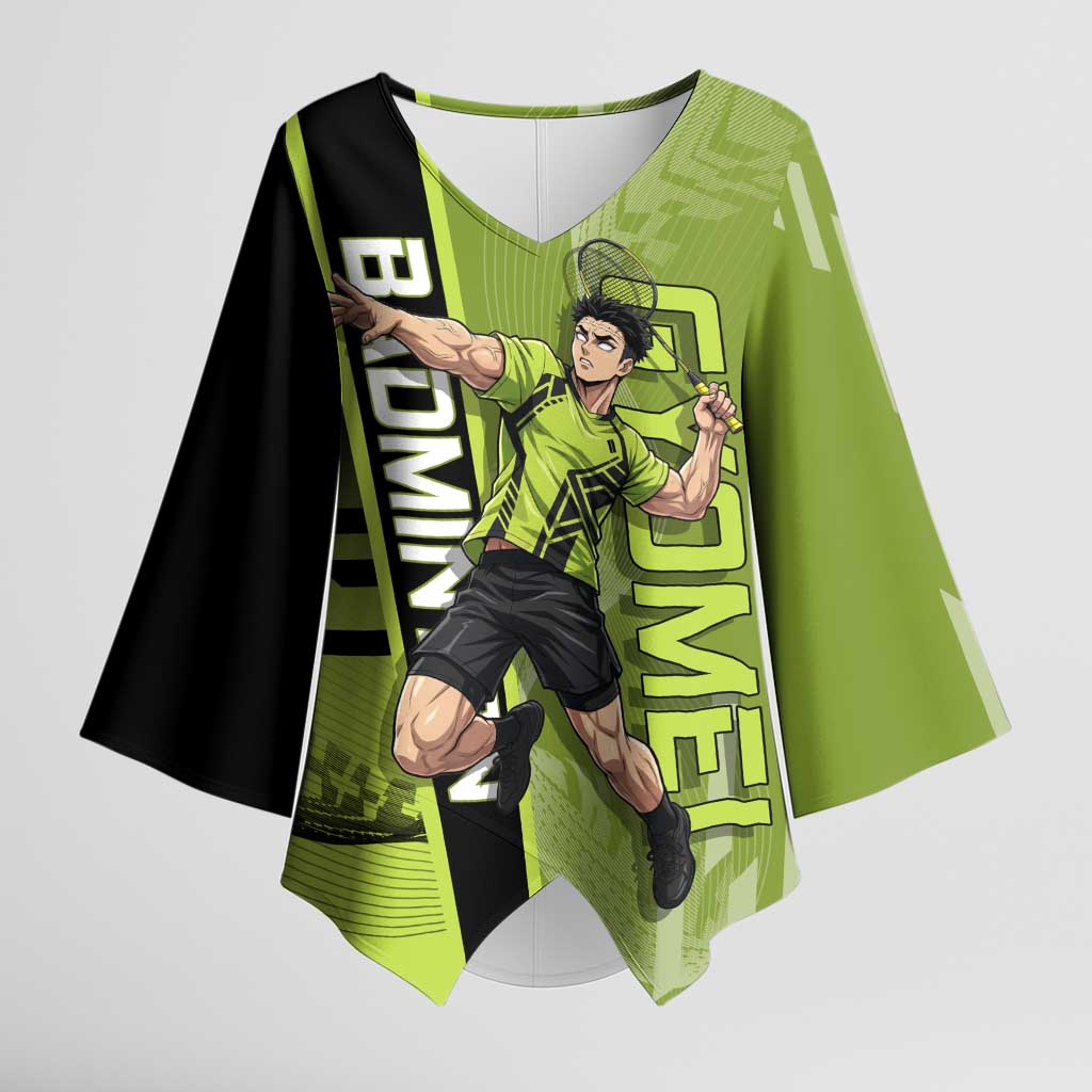 Personalized Gyomei Himejima Demon Slayer Badminton Kimono Sleeve Blouse with Racket Action Pose and Green Black Graphic Design - The Mazicc