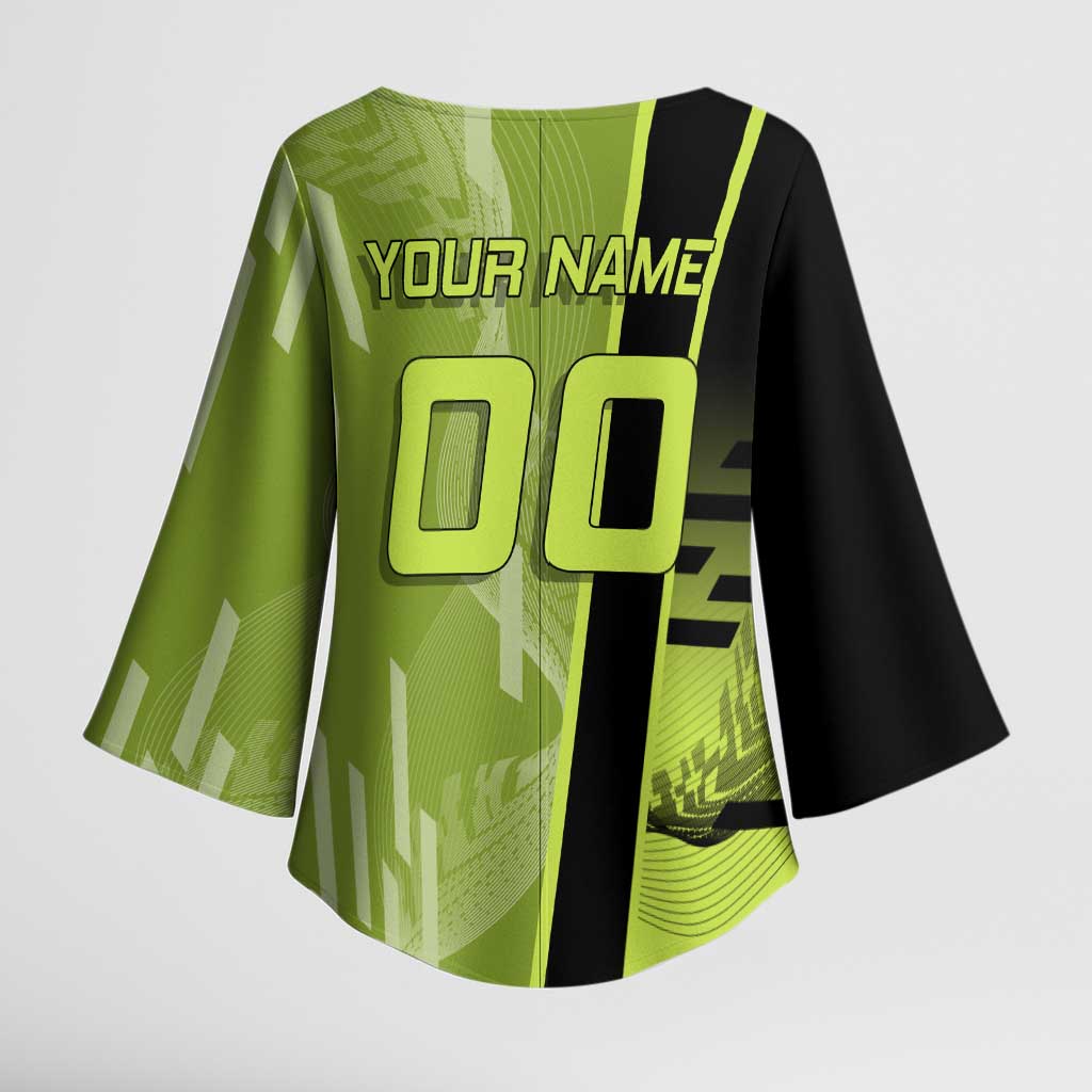 Personalized Gyomei Himejima Demon Slayer Badminton Kimono Sleeve Blouse with Racket Action Pose and Green Black Graphic Design - The Mazicc