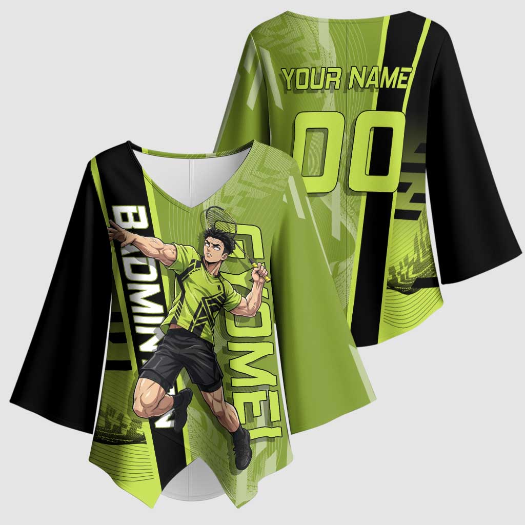 Personalized Gyomei Himejima Demon Slayer Badminton Kimono Sleeve Blouse with Racket Action Pose and Green Black Graphic Design - The Mazicc