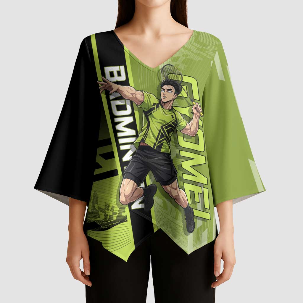 Personalized Gyomei Himejima Demon Slayer Badminton Kimono Sleeve Blouse with Racket Action Pose and Green Black Graphic Design - The Mazicc
