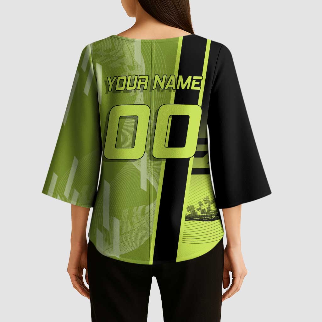 Personalized Gyomei Himejima Demon Slayer Badminton Kimono Sleeve Blouse with Racket Action Pose and Green Black Graphic Design - The Mazicc