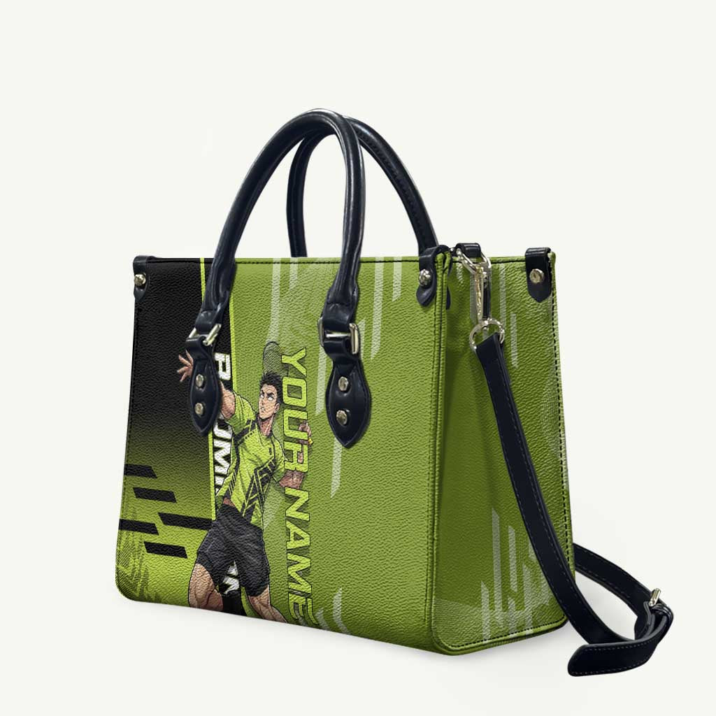 Personalized Gyomei Himejima Demon Slayer Badminton Leather Bag with Racket Action Pose and Green Black Graphic Design - The Mazicc