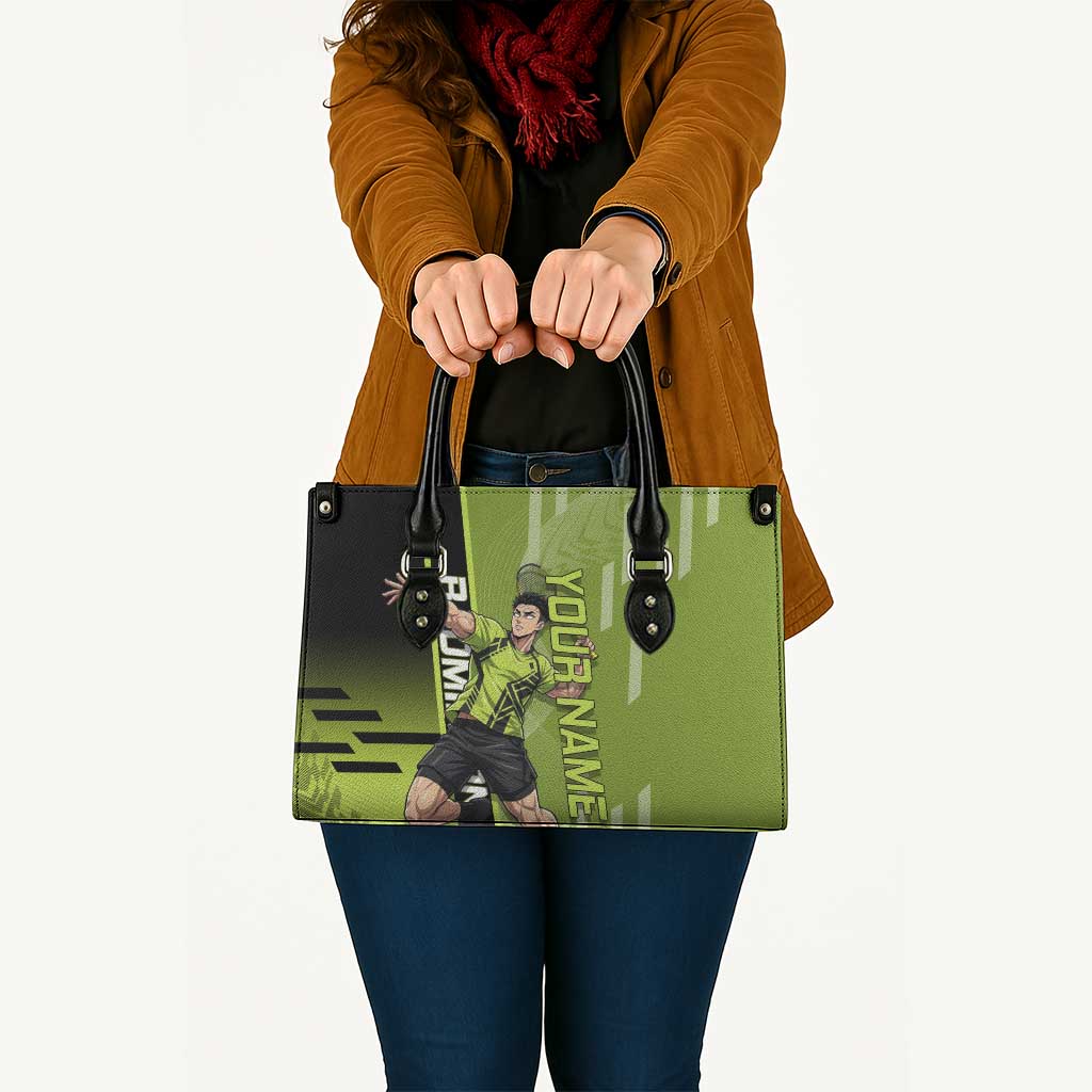 Personalized Gyomei Himejima Demon Slayer Badminton Leather Bag with Racket Action Pose and Green Black Graphic Design - The Mazicc