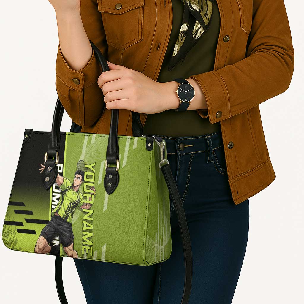 Personalized Gyomei Himejima Demon Slayer Badminton Leather Bag with Racket Action Pose and Green Black Graphic Design - The Mazicc