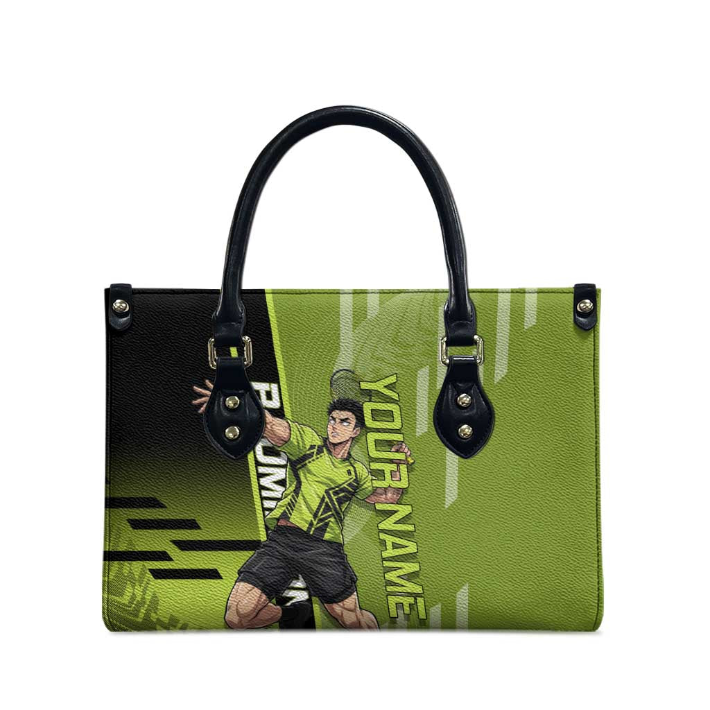 Personalized Gyomei Himejima Demon Slayer Badminton Leather Bag with Racket Action Pose and Green Black Graphic Design - The Mazicc