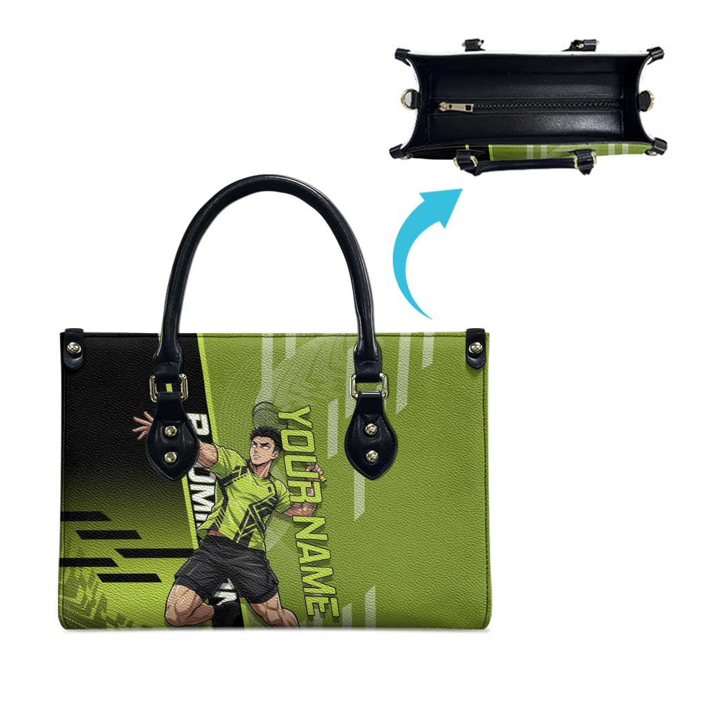 Personalized Gyomei Himejima Demon Slayer Badminton Leather Bag with Racket Action Pose and Green Black Graphic Design - The Mazicc