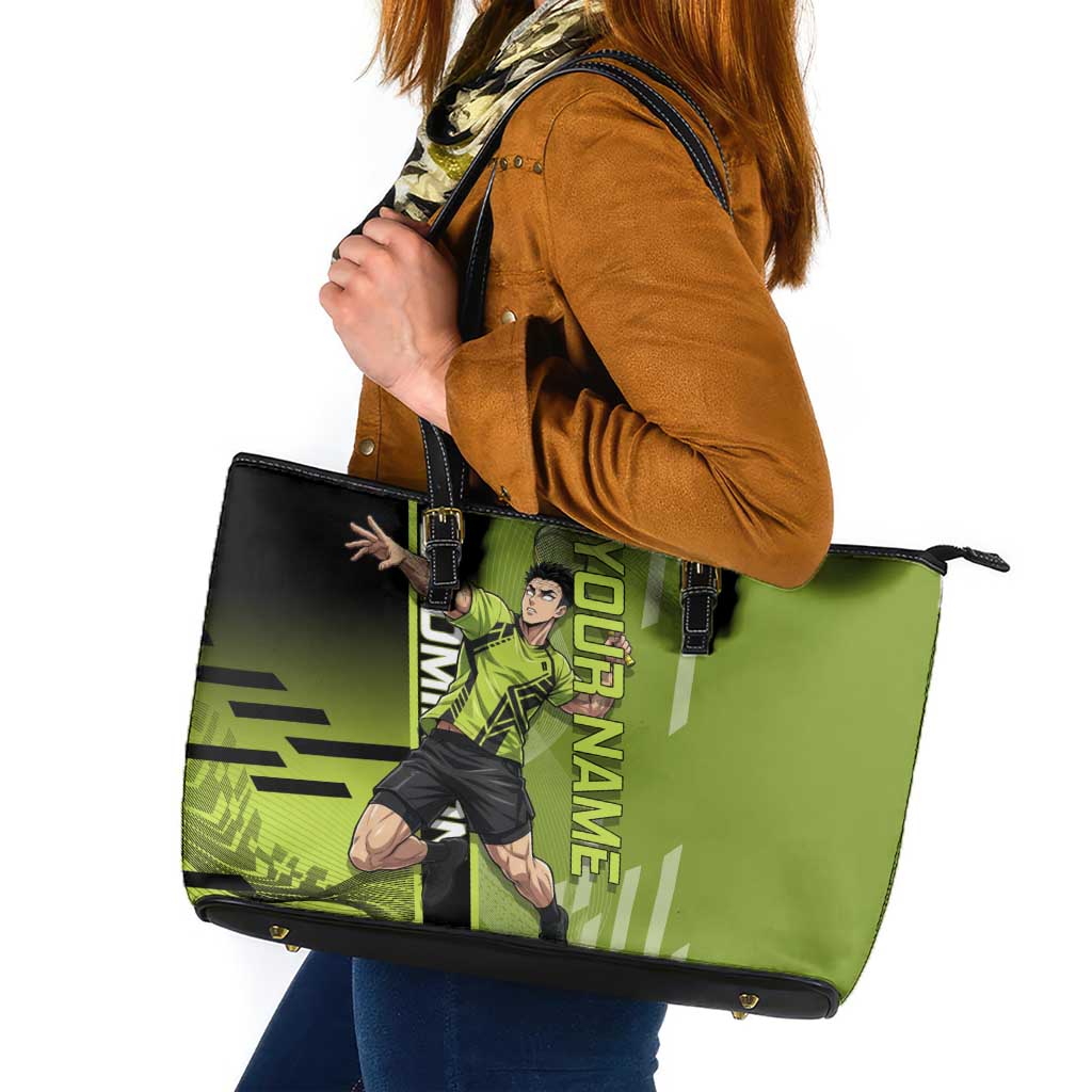 Personalized Gyomei Himejima Demon Slayer Badminton Leather Tote Bag with Racket Action Pose and Green Black Graphic Design - The Mazicc